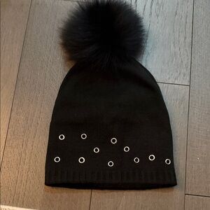 Fraas Black Beanie with Faux-Fur Pom and Grommet Detail
